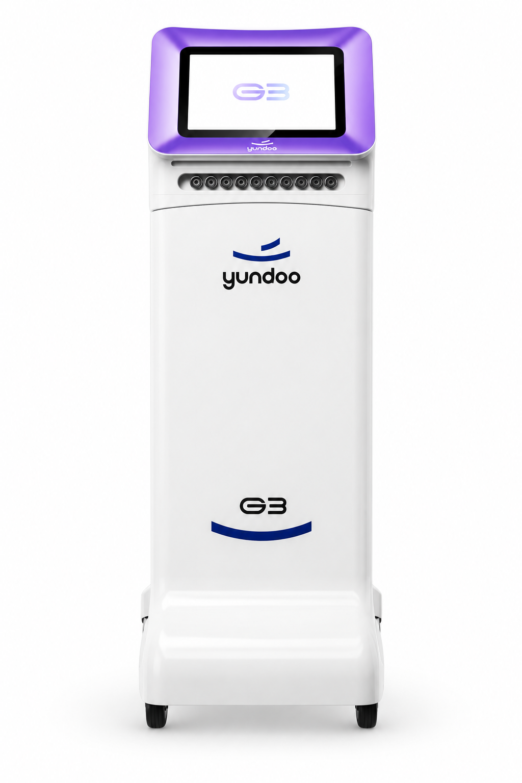 G3 Pro 设备正视图，紫色屏幕边框与一体白色推车